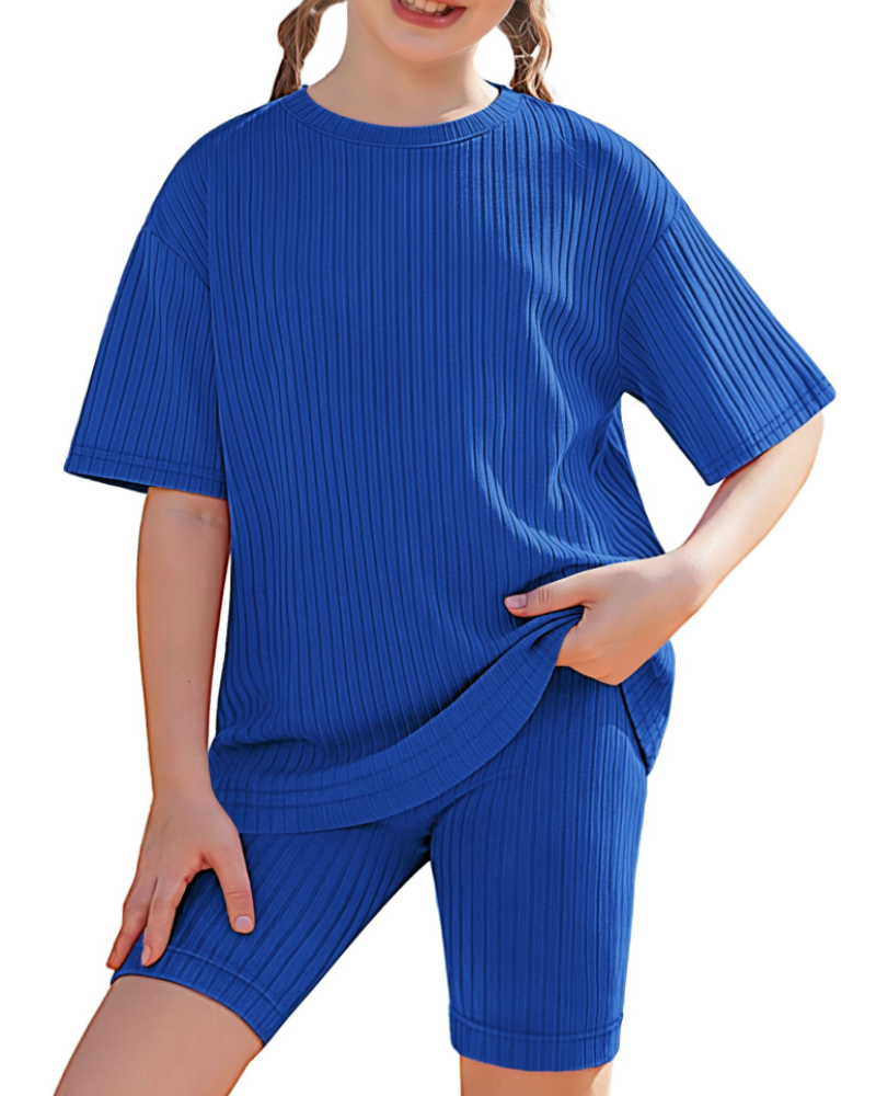 Avery Girls' Ribbed T-Shirt & Biker Shorts Set – 2 Piece Casual Summer Outfit