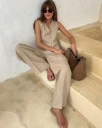Paloma Women's Linen Two-Piece Set – Sleeveless Waistcoat & Wide-Leg Trousers