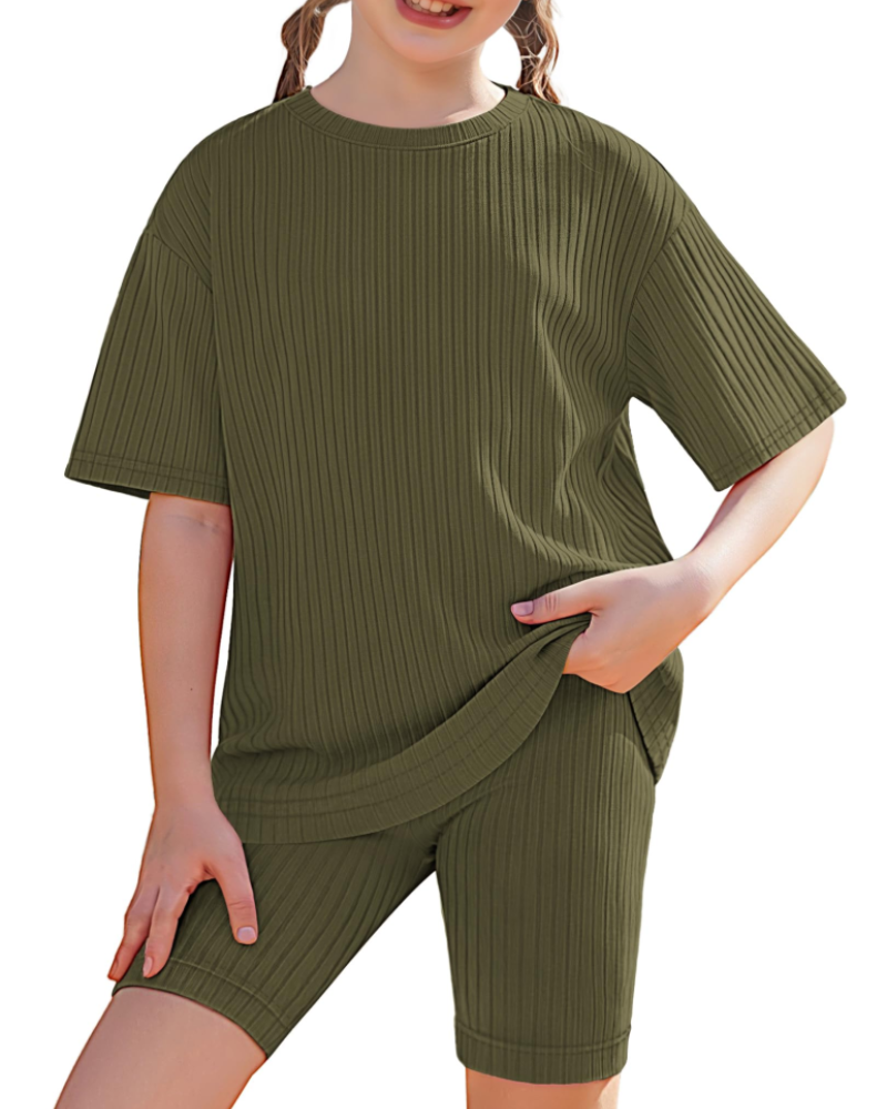 Avery Girls' Ribbed T-Shirt & Biker Shorts Set – 2 Piece Casual Summer Outfit