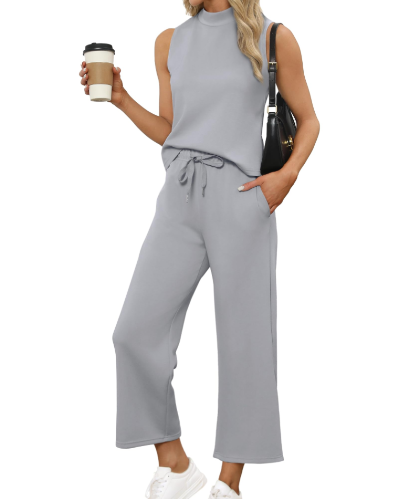 Tessa Women's Two Piece Set – Sleeveless Mock Neck Top & Wide Leg Crop Trousers