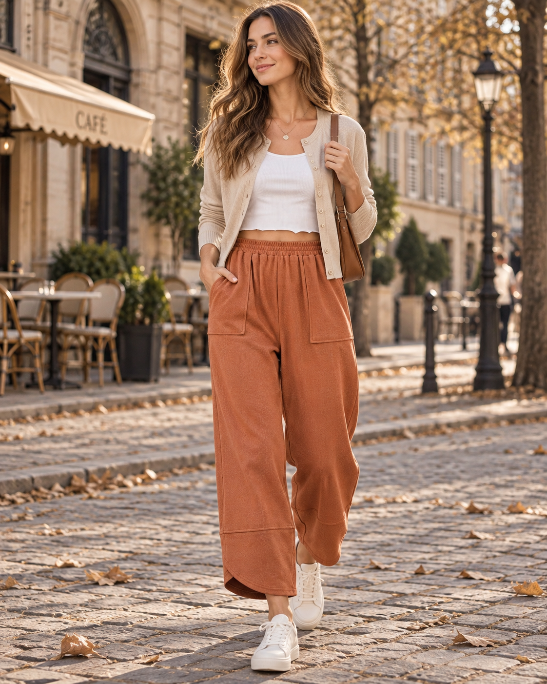 Pauline Women's Wide-Leg Trousers – Elastic Waist Cropped Palazzo Pants with Patch Pockets