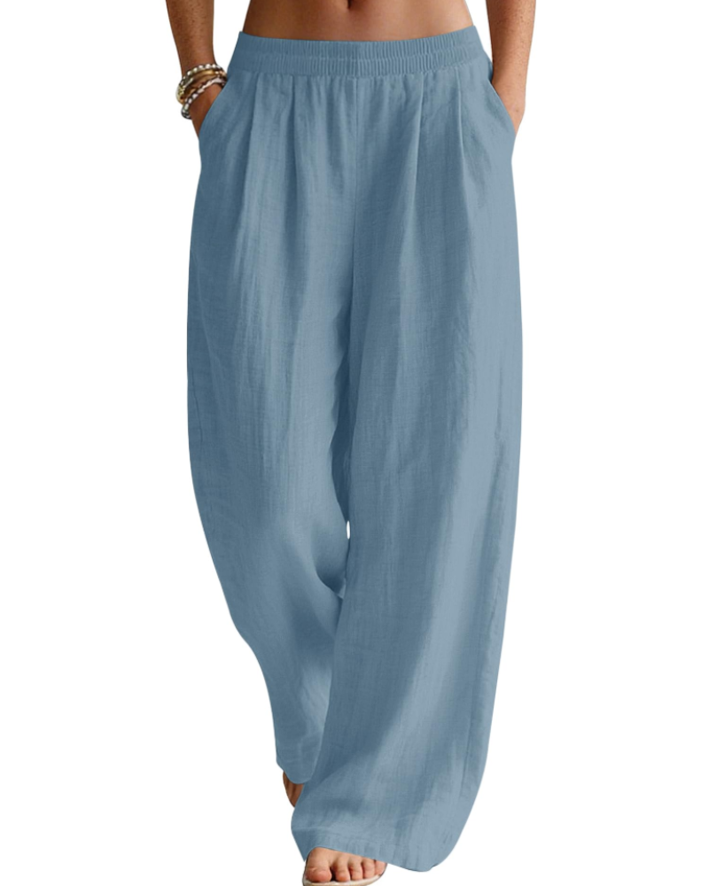 Jasmine Women's Linen Blend Palazzo Trousers – Wide Leg Elastic Waist Summer Pants