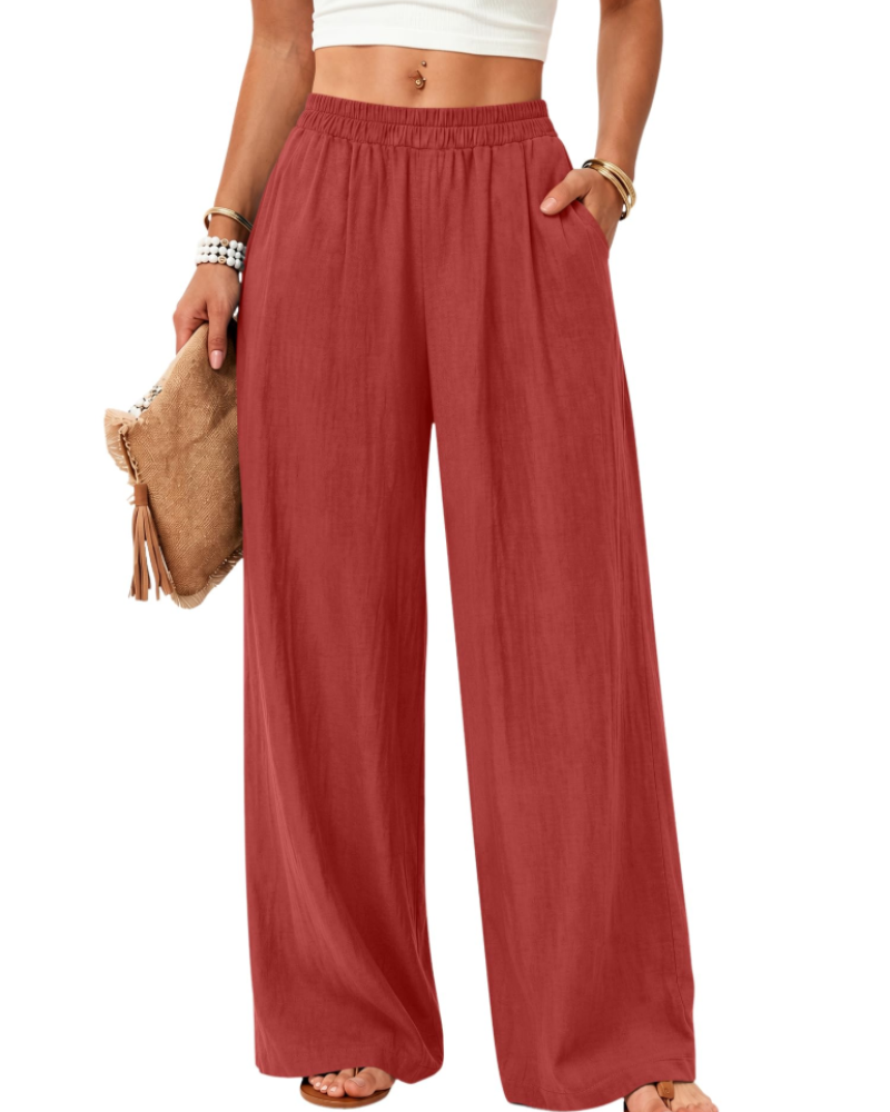 Elodie Women's Cotton Linen Trousers – Wide Leg Pull-On Trousers with Pockets