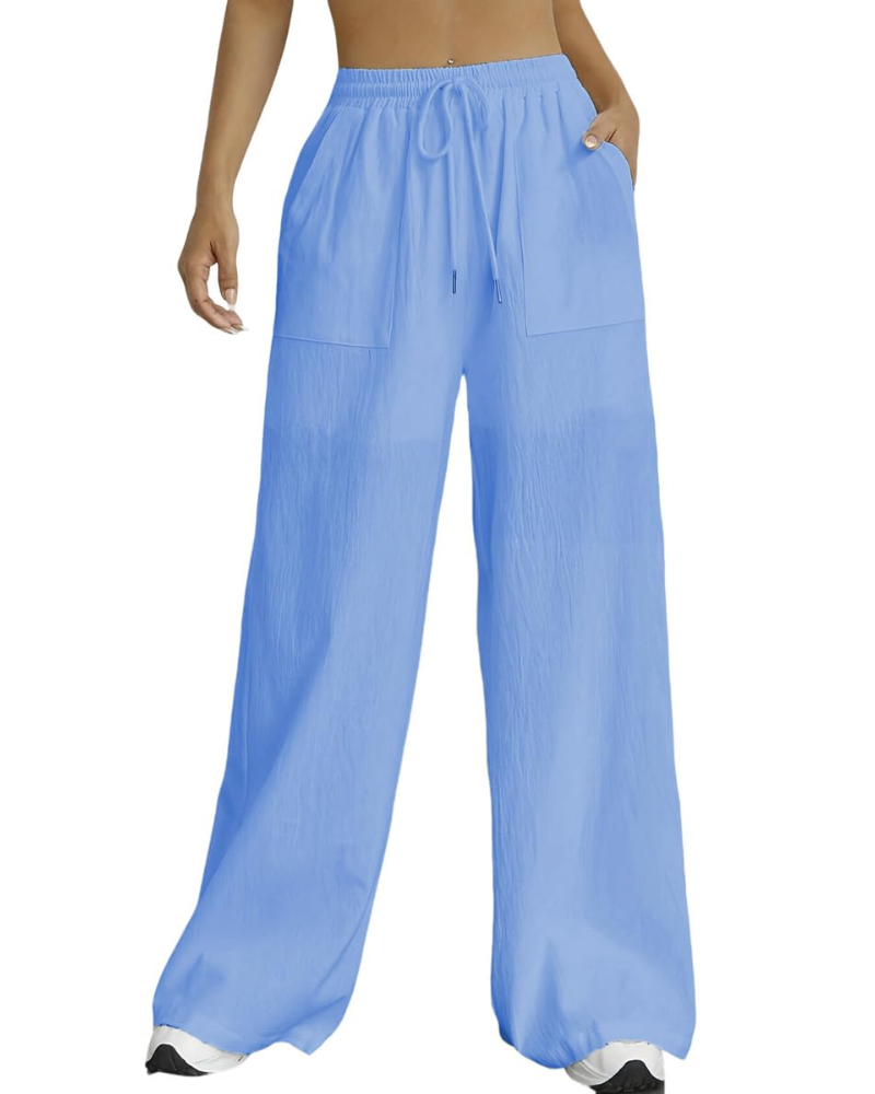 Adele Women's Wide Leg Trousers – High Waist Drawstring Lounge Trousers with Pockets