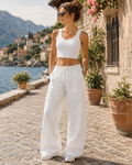 Adele Women's Wide Leg Trousers – High Waist Drawstring Lounge Trousers with Pockets