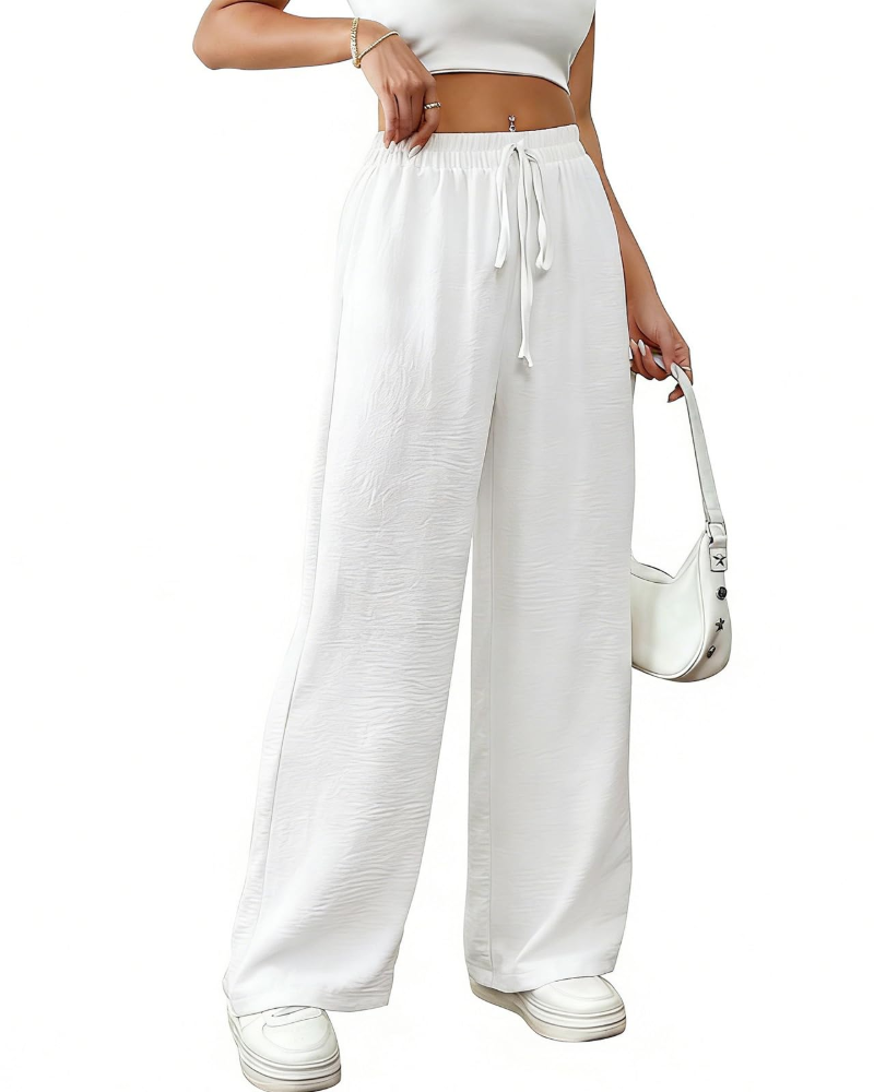 Camille Women's Cotton Linen Trousers – High Waist Wide Leg Drawstring Trousers