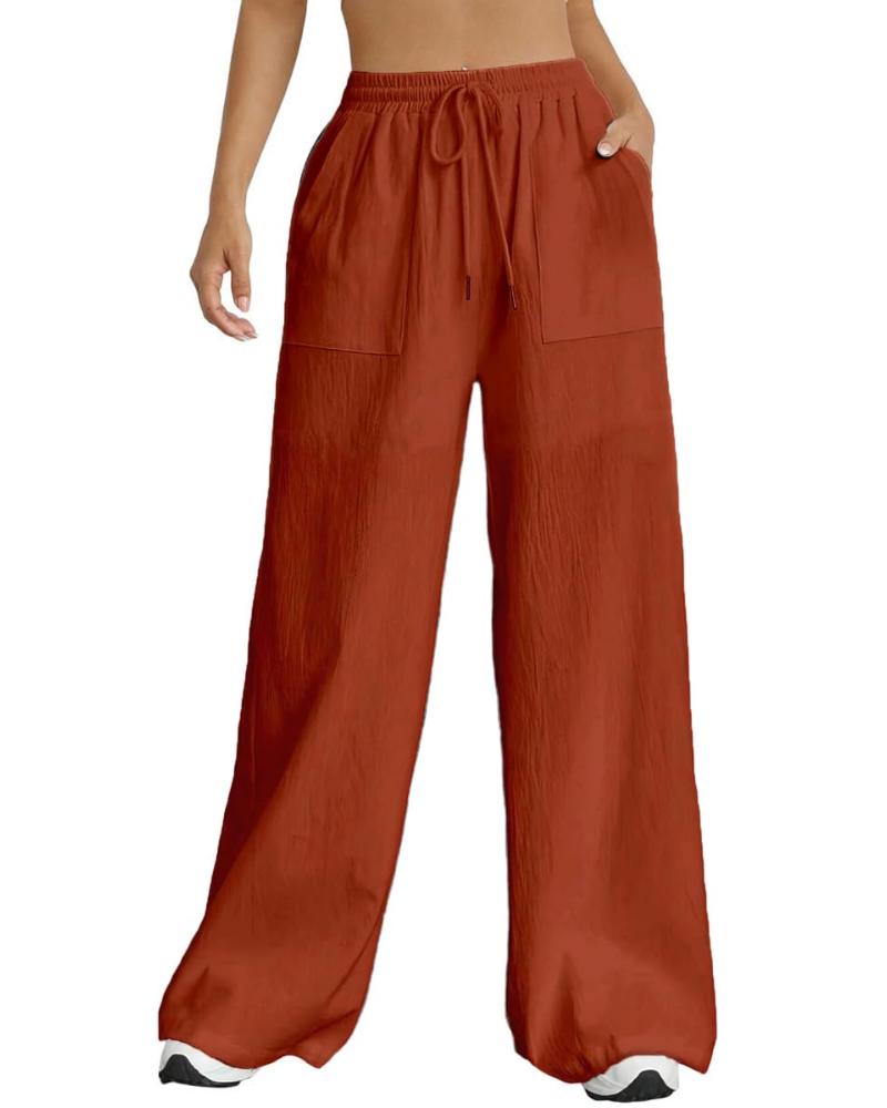 Adele Women's Wide Leg Trousers – High Waist Drawstring Lounge Trousers with Pockets