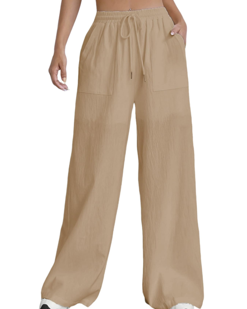 Adele Women's Wide Leg Trousers – High Waist Drawstring Lounge Trousers with Pockets