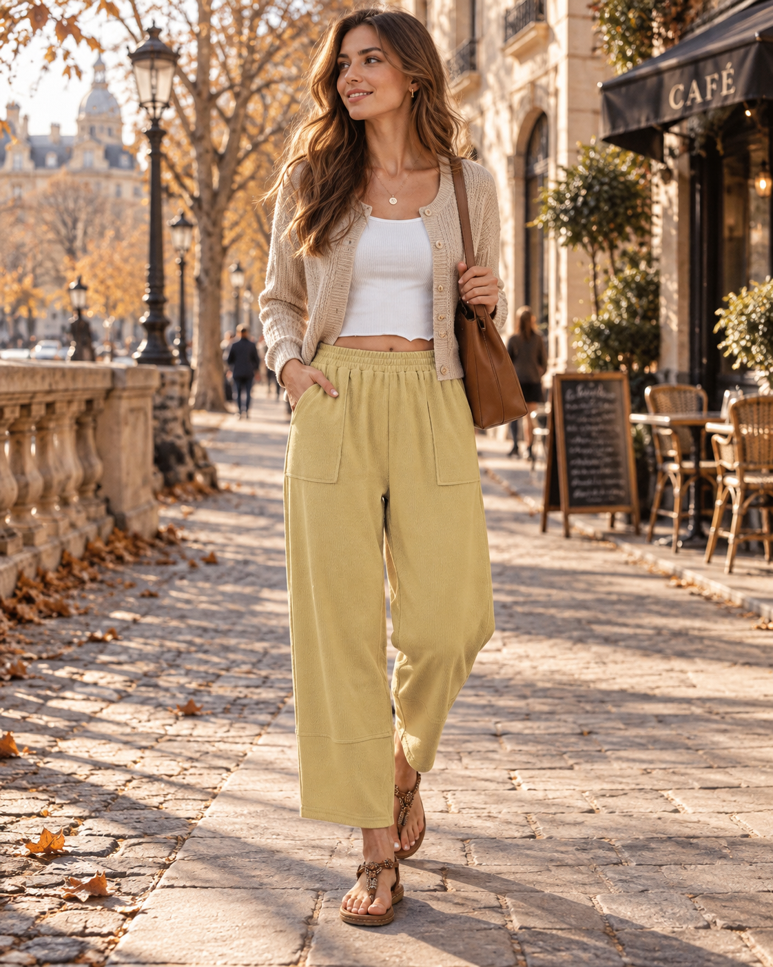 Pauline Women's Wide-Leg Trousers – Elastic Waist Cropped Palazzo Pants with Patch Pockets