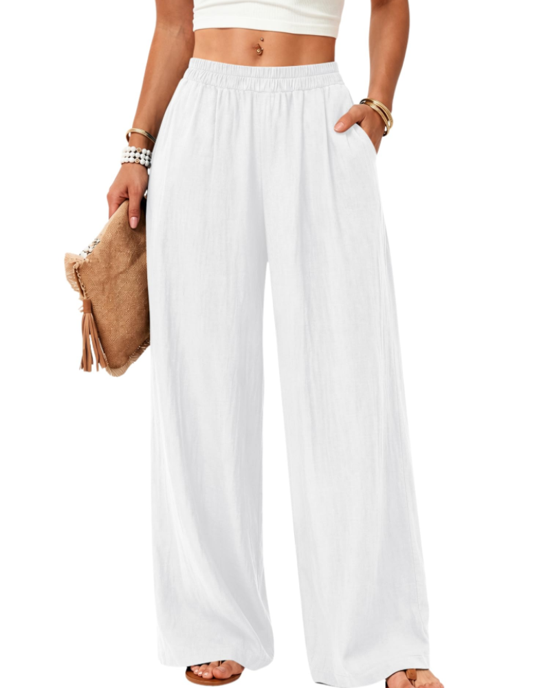 Elodie Women's Cotton Linen Trousers – Wide Leg Pull-On Trousers with Pockets