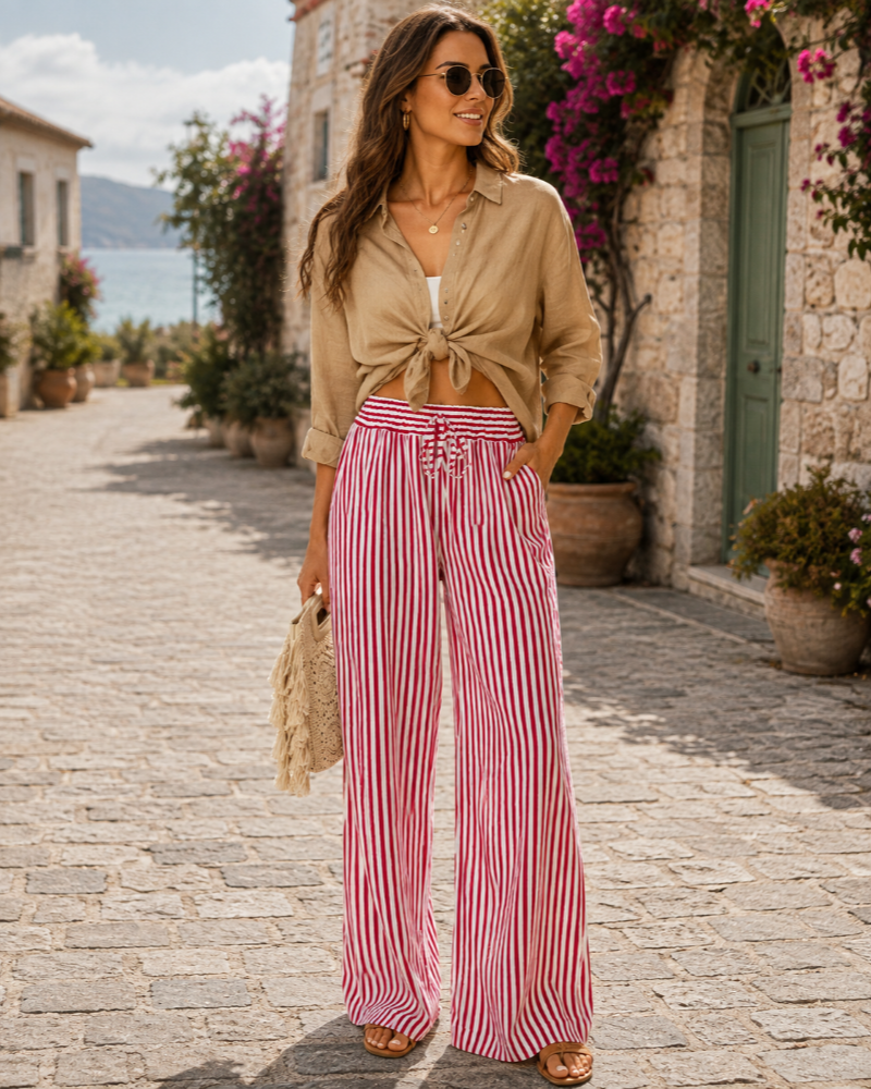 Sydney Women's High Waist Trousers – Drawstring Wide Leg Casual Summer Pants