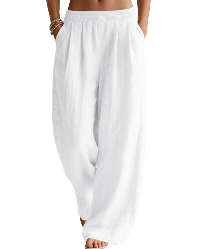 Jasmine Women's Linen Blend Palazzo Trousers – Wide Leg Elastic Waist Summer Pants