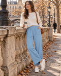Pauline Women's Wide-Leg Trousers – Elastic Waist Cropped Palazzo Pants with Patch Pockets