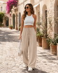 Camille Women's Cotton Linen Trousers – High Waist Wide Leg Drawstring Trousers