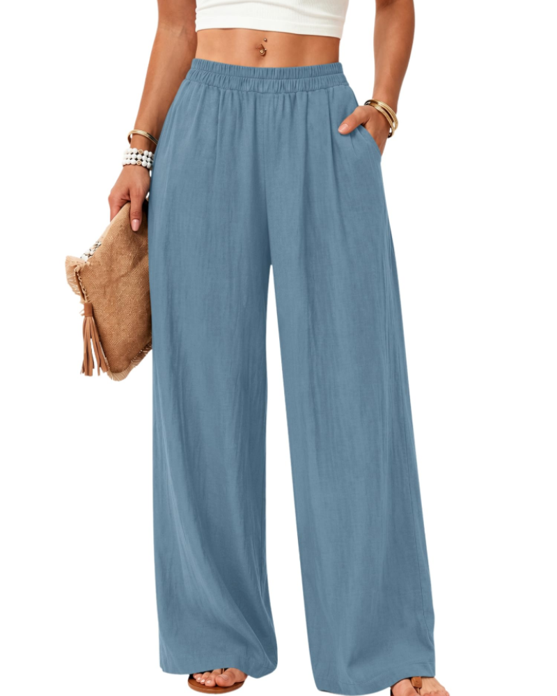 Elodie Women's Cotton Linen Trousers – Wide Leg Pull-On Trousers with Pockets