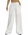 Adele Women's Wide Leg Trousers – High Waist Drawstring Lounge Trousers with Pockets