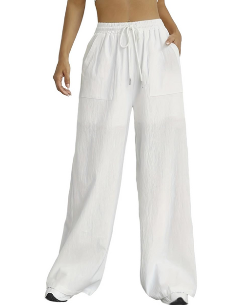 Adele Women's Wide Leg Trousers – High Waist Drawstring Lounge Trousers with Pockets