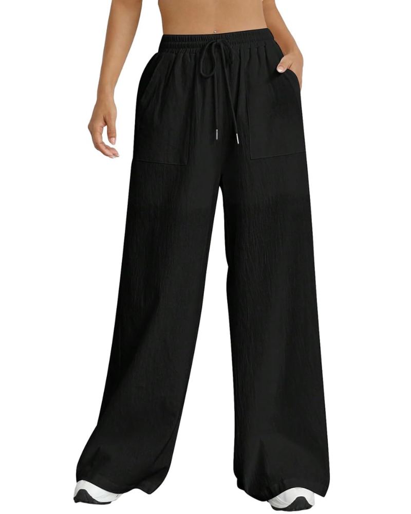 Adele Women's Wide Leg Trousers – High Waist Drawstring Lounge Trousers with Pockets