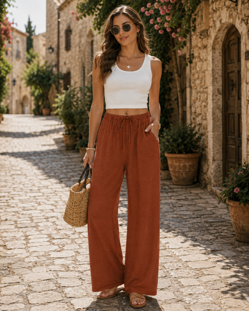 Madison Women's Wide Leg Trousers – Drawstring Elastic Waist Casual Palazzo Pants