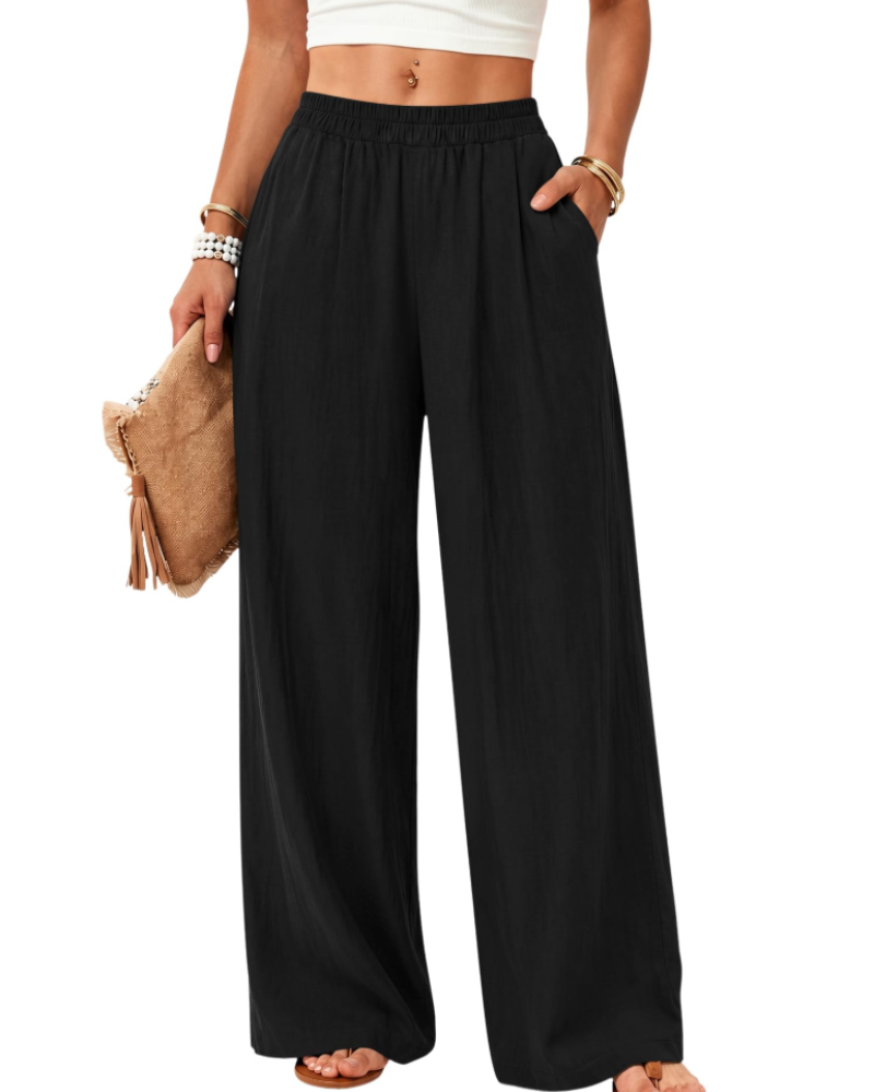 Elodie Women's Cotton Linen Trousers – Wide Leg Pull-On Trousers with Pockets
