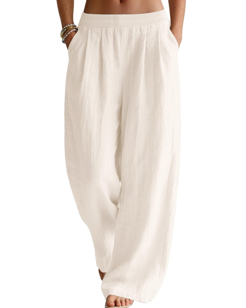 Jasmine Women's Linen Blend Palazzo Trousers – Wide Leg Elastic Waist Summer Pants