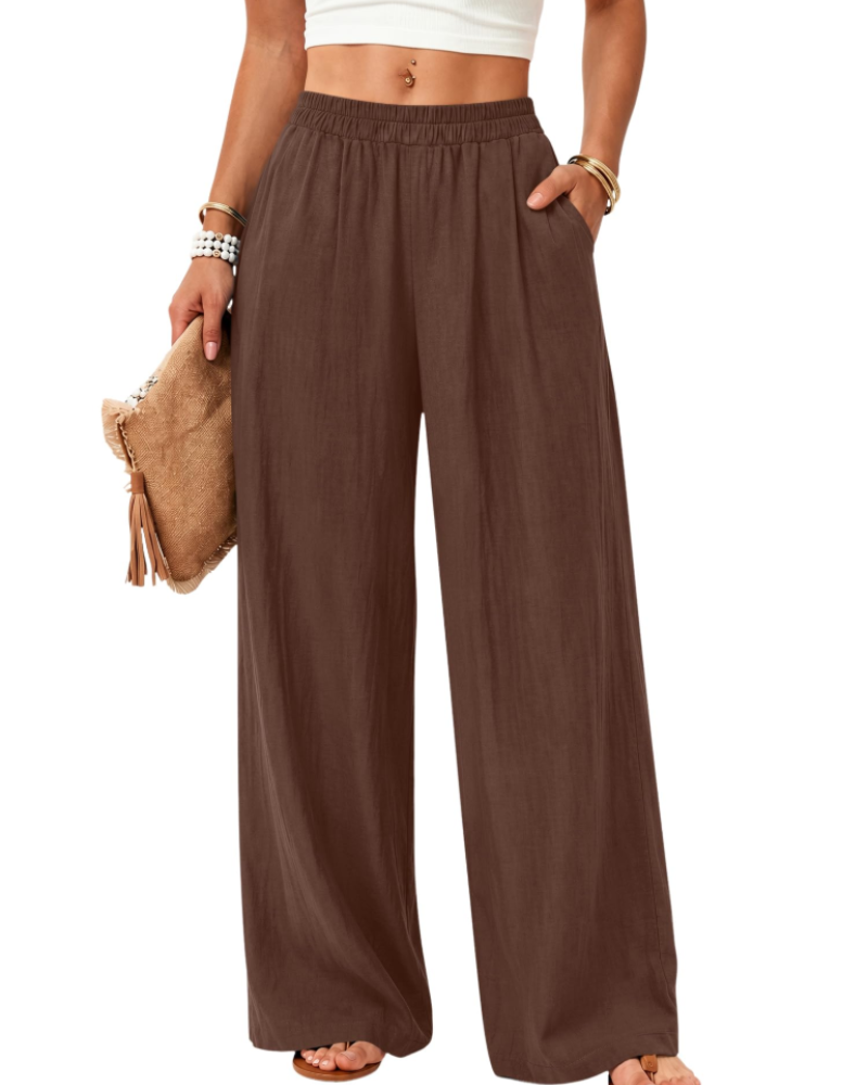 Elodie Women's Cotton Linen Trousers – Wide Leg Pull-On Trousers with Pockets