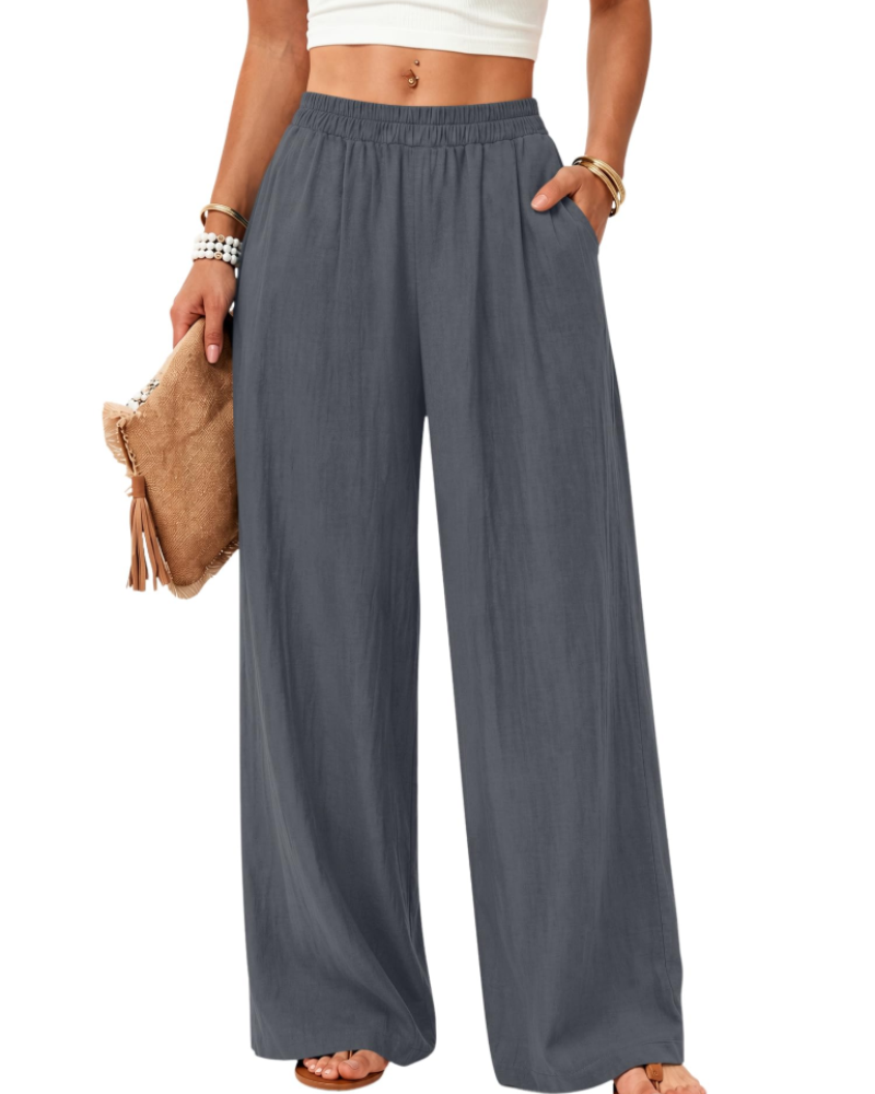 Elodie Women's Cotton Linen Trousers – Wide Leg Pull-On Trousers with Pockets