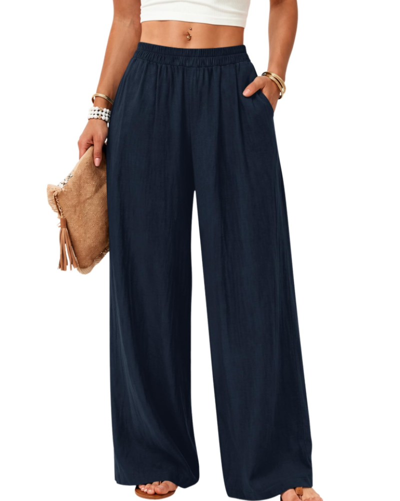 Elodie Women's Cotton Linen Trousers – Wide Leg Pull-On Trousers with Pockets