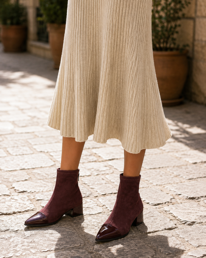 Penelope Women's Suede Ankle Boots – Patent Toe Block Heel Smart Casual Boots