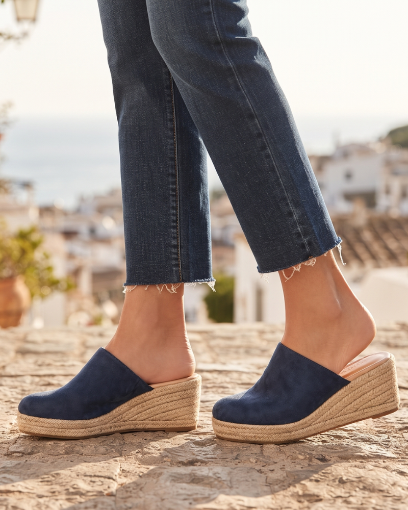 Corinne Women's Wedge Mules – Espadrille Slip On Sandals in Navy Blue