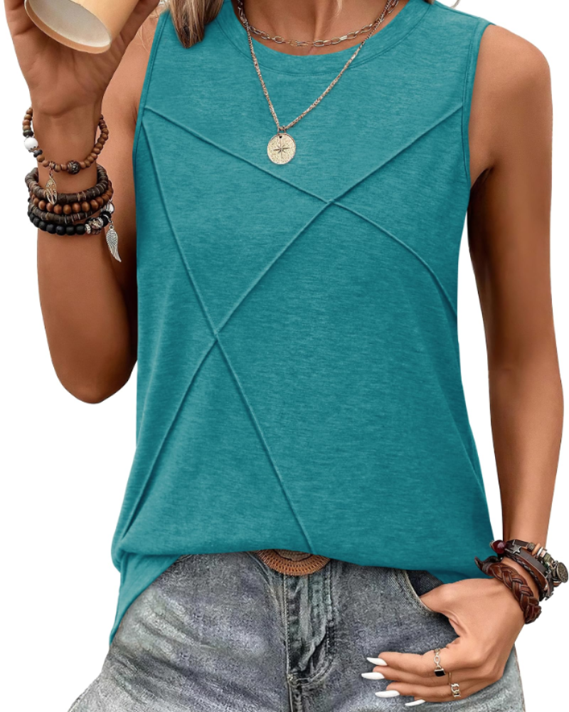 Alicia Women's Crew Neck Tank Top – Sleeveless Longline Casual Vest with Textured Front