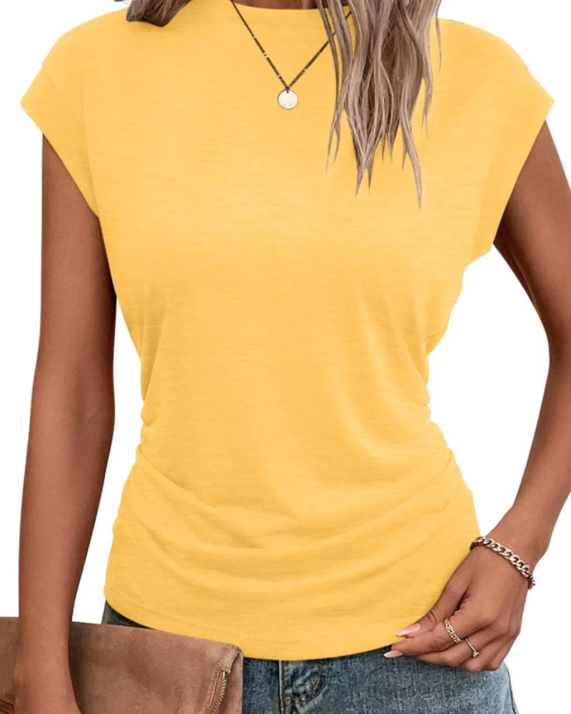 Maisie Women's Pleated T-Shirt – Cap Sleeve Crew Neck Oversized Casual Summer Top