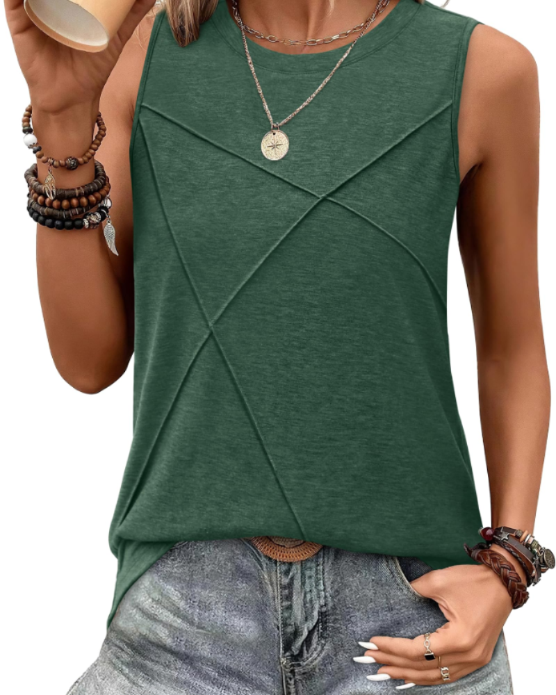 Alicia Women's Crew Neck Tank Top – Sleeveless Longline Casual Vest with Textured Front