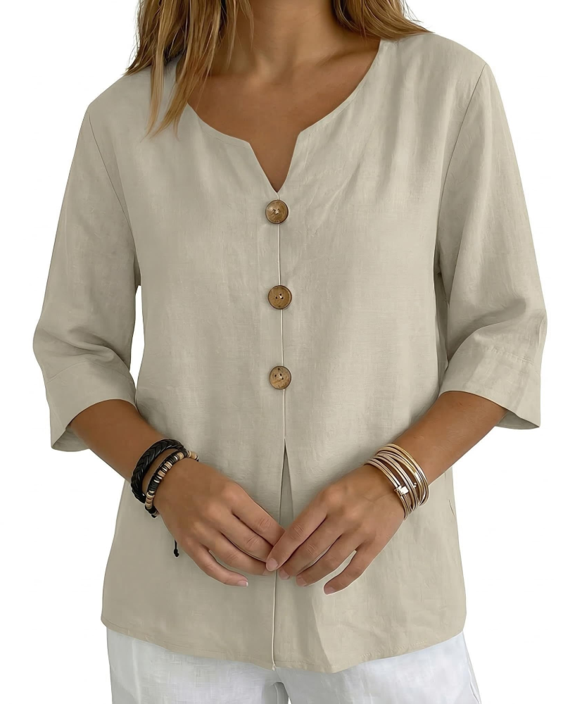 Marlowe Women's Cotton Linen V Neck Top – 3/4 Sleeve Boho Blouse
