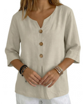 Marlowe Women's Cotton Linen V Neck Top – 3/4 Sleeve Boho Blouse