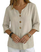 Marlowe Women's Cotton Linen V Neck Top – 3/4 Sleeve Boho Blouse
