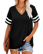Meredith Women's V Neck T-Shirt – Short Sleeve Striped Casual Summer Top