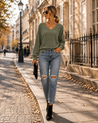 Maribel Women's V-Neck Jumper – Batwing Long Sleeve Relaxed Tunic Sweater