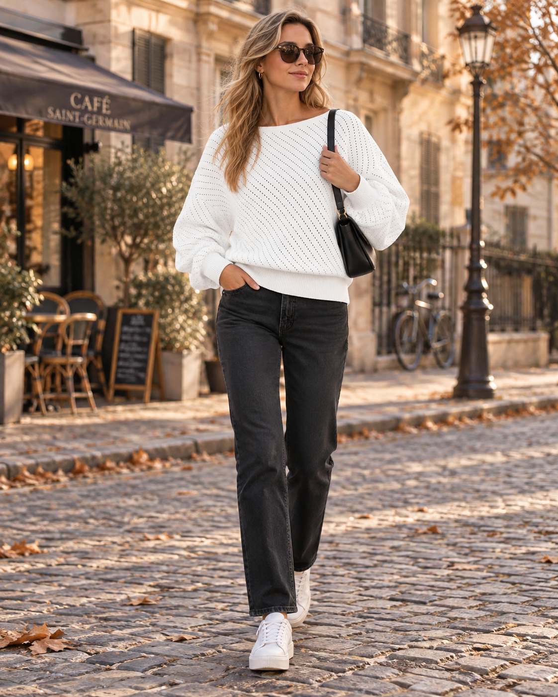 Arabella Women's Boat Neck Jumper – Pointelle Knit Balloon Sleeve Relaxed Sweater