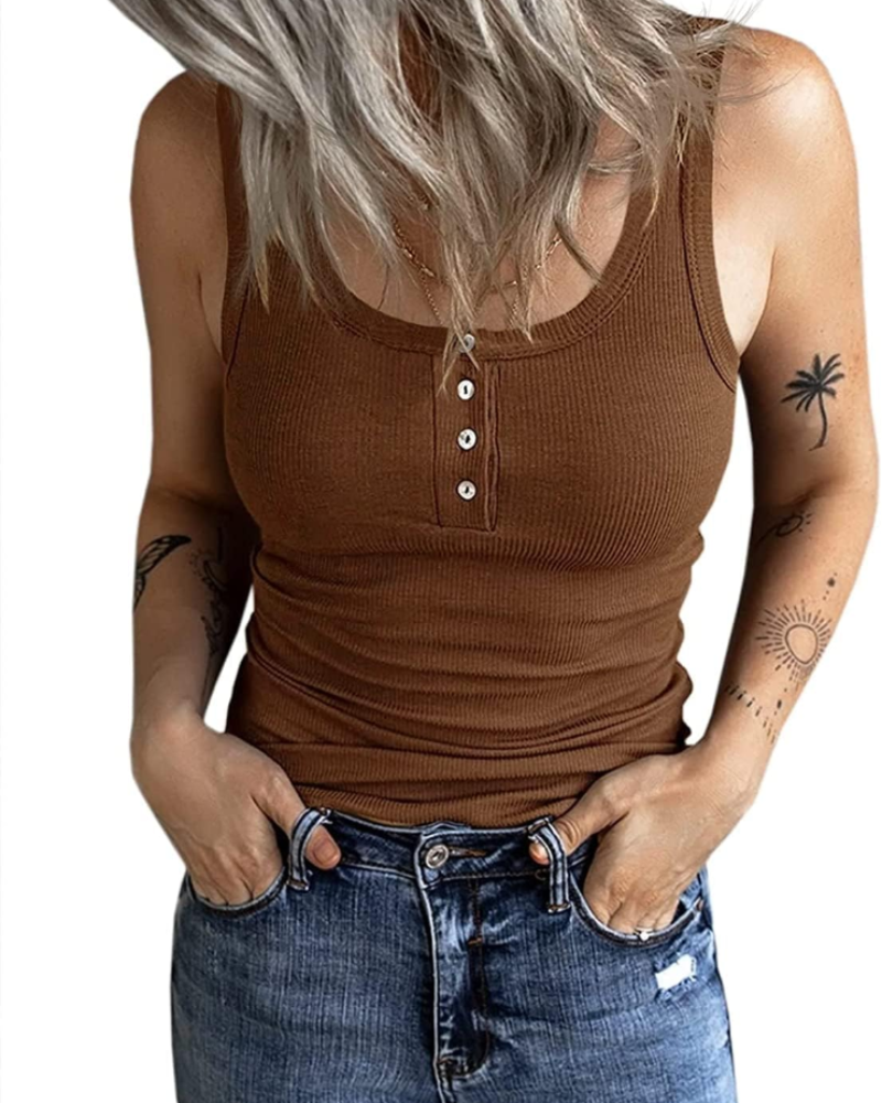 Celeste Women's Ribbed Button Tank Top – Sleeveless Scoop Neck Vest