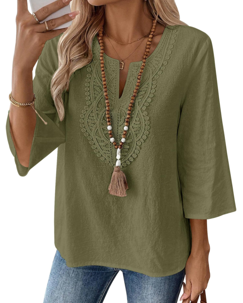 Rosamund Women's Linen Blend V Neck Tunic Top – 3/4 Sleeve Lace Blouse