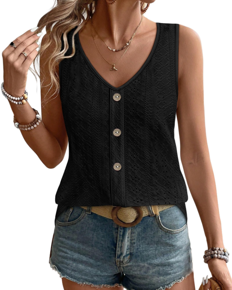 Sophiea Women's V Neck Tank Top – Sleeveless Eyelet Loose Fit Casual Summer Blouse