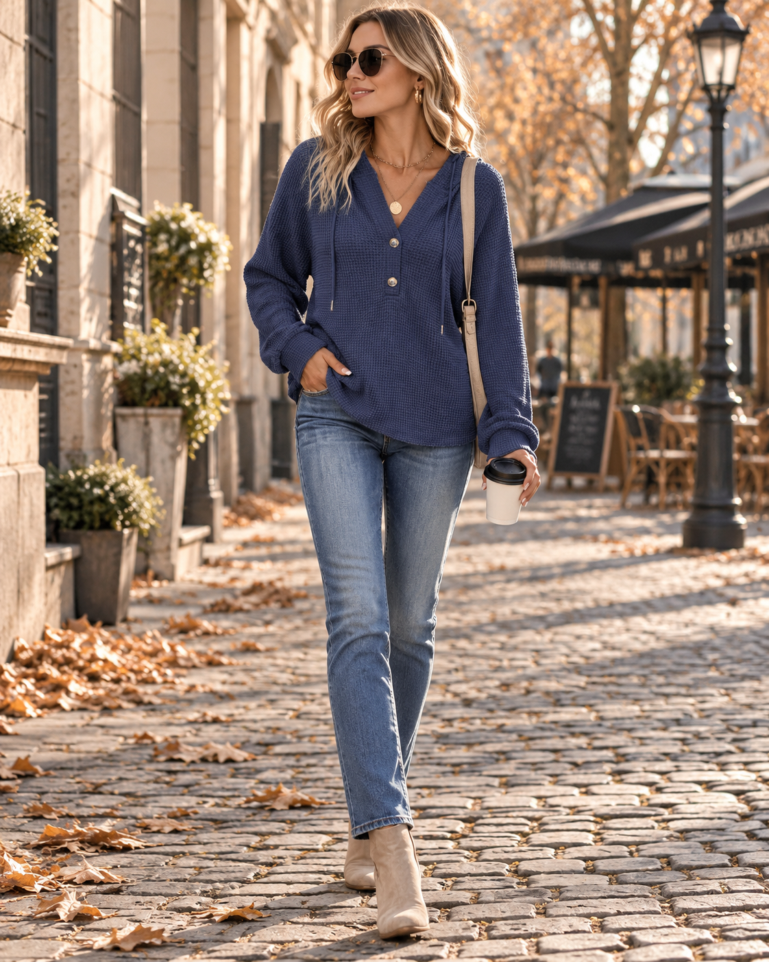 Ophelia Women's Waffle Knit Hoodie – Oversized V-Neck Button Pullover with Drawstring