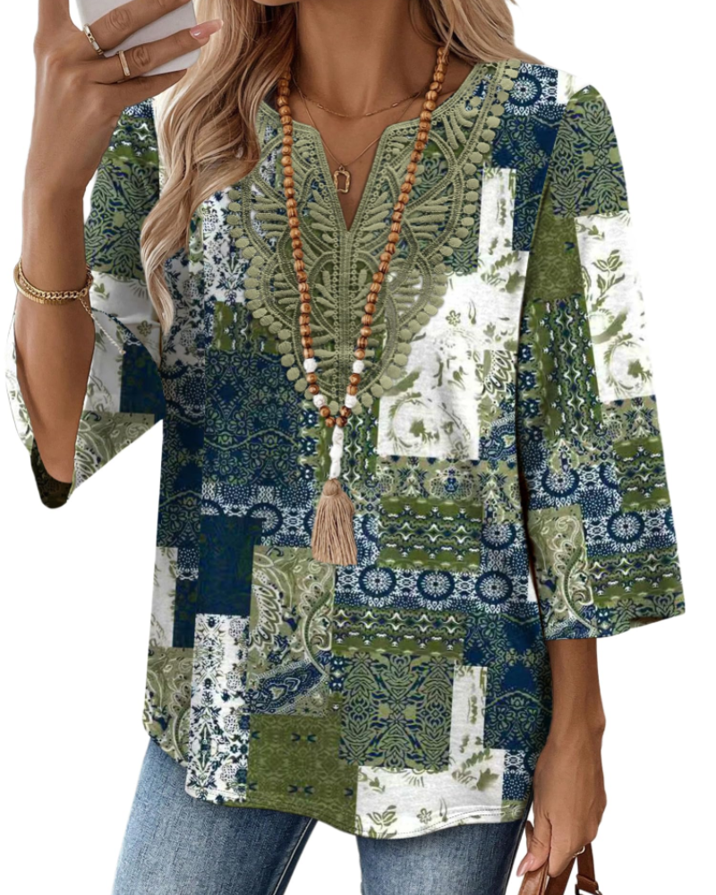 Coraline Women's V Neck Lace Tunic Top – 3/4 Bell Sleeve Boho Blouse