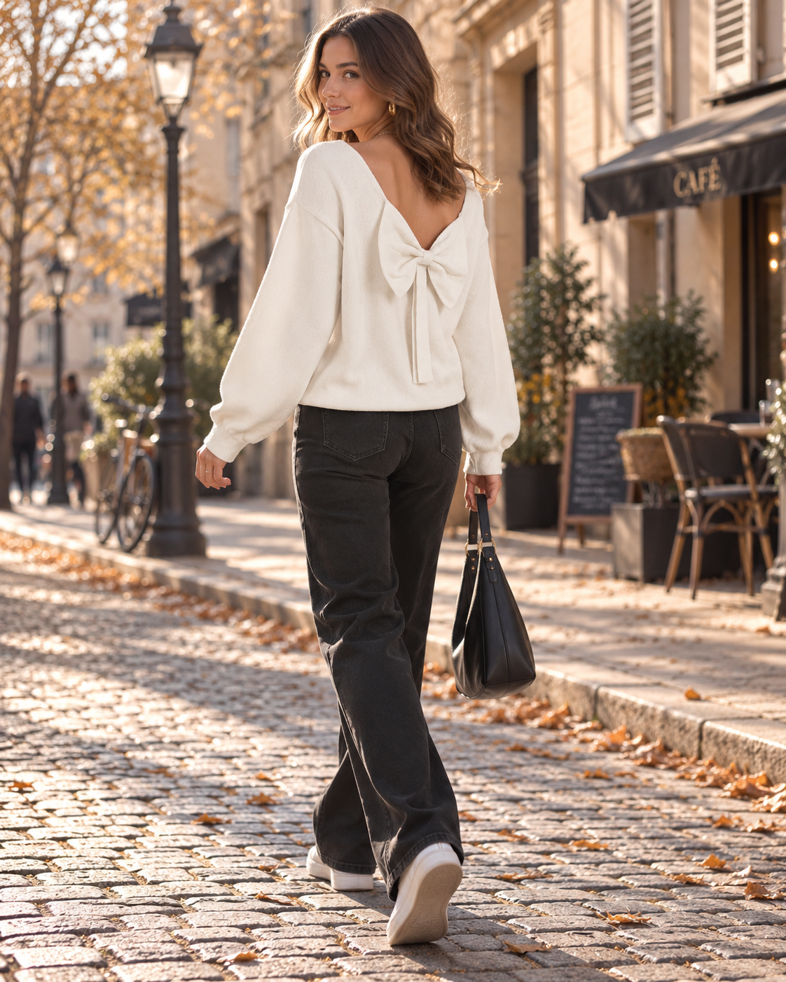 Mallory Women's Bow Back Jumper – Open Back Crew Neck Knit with Balloon Sleeves