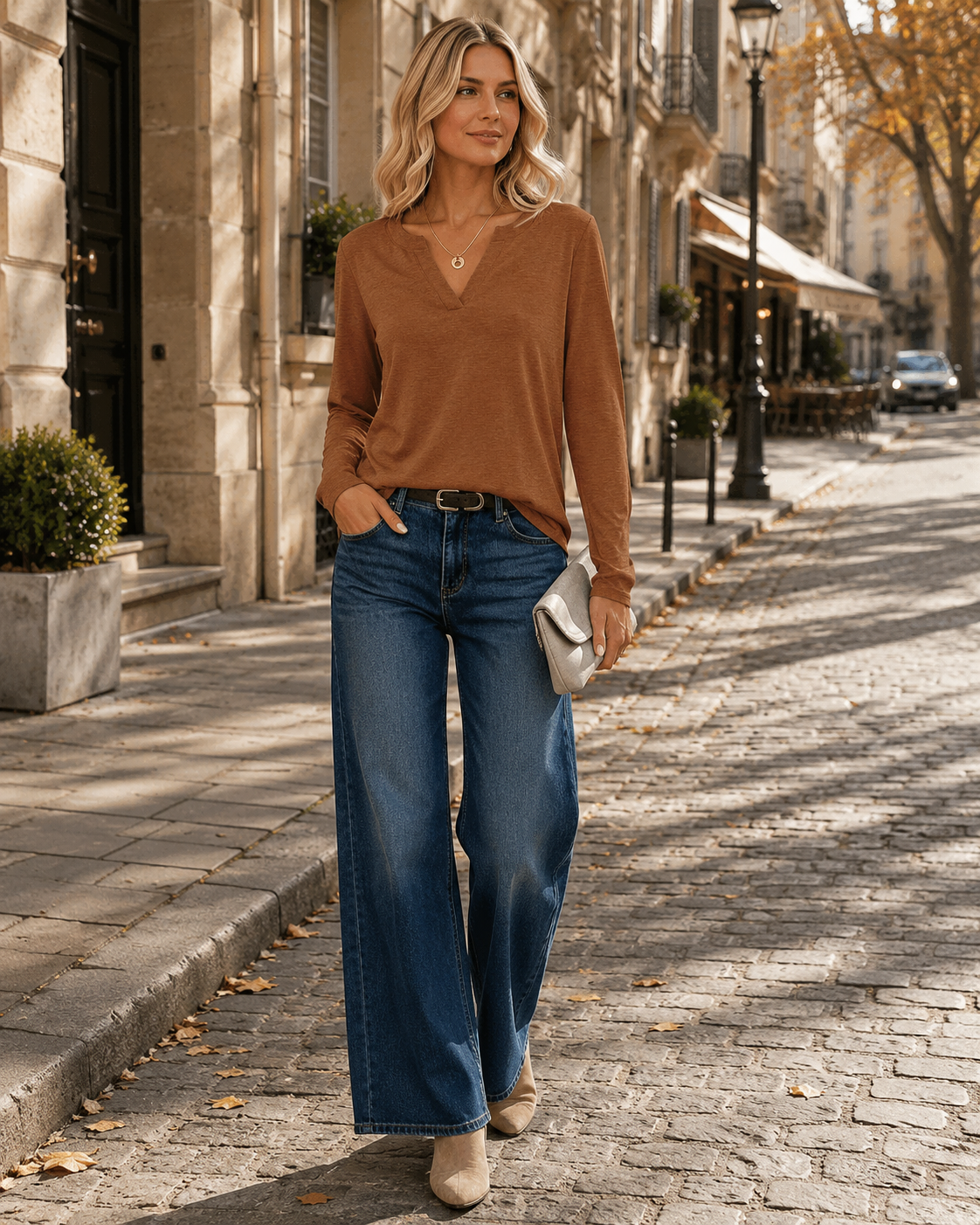 Annelise Women's V-Neck Top – Loose Fit Long Sleeve T-Shirt for Casual & Office Wear