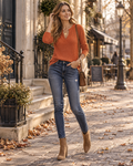 Agnes Women's Waffle Knit Top – V-Neck Long Sleeve Loose Fit Pullover Shirt