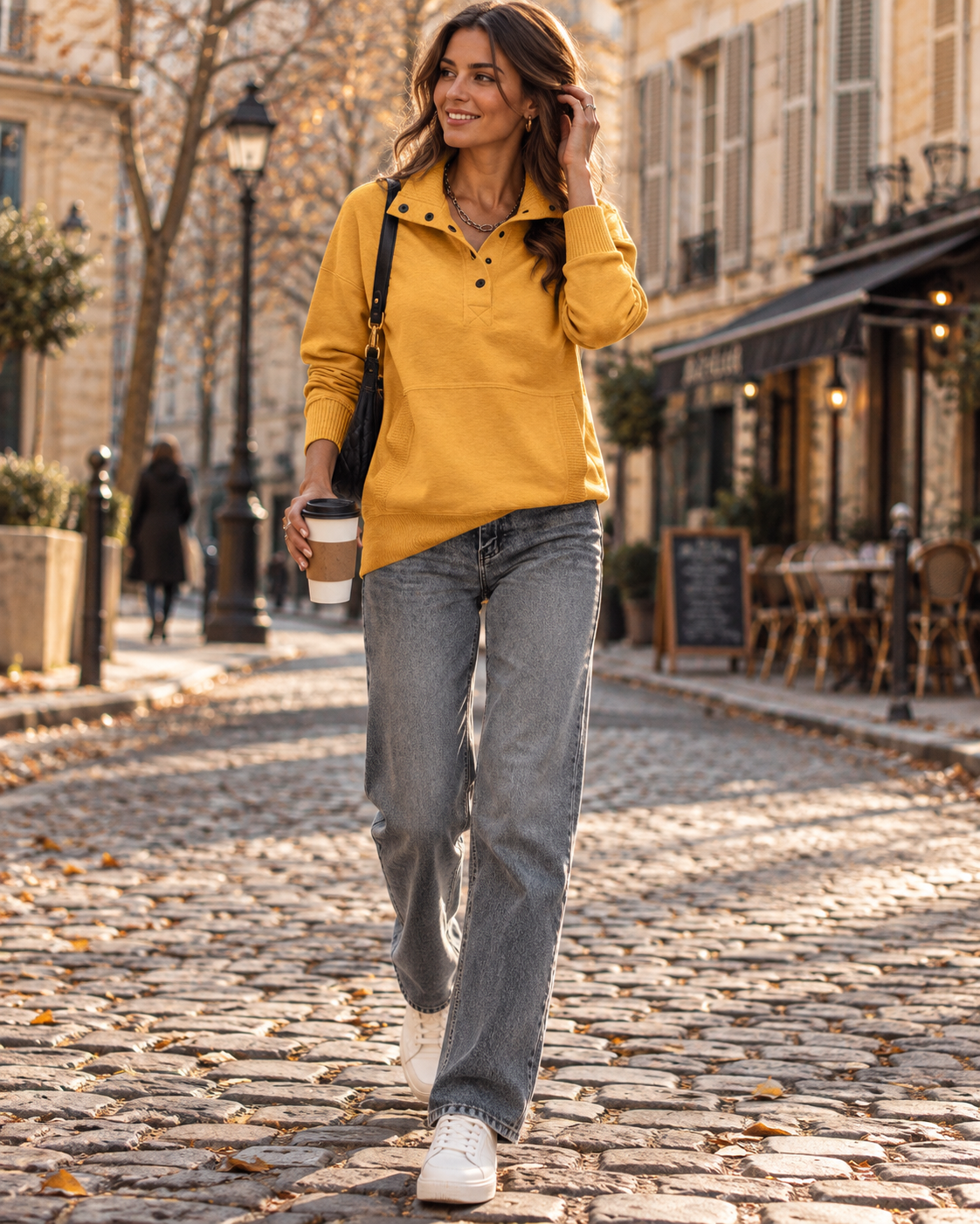 Mabel Women's Ribbed Henley Top – V-Neck Button Long Sleeve Relaxed Pullover