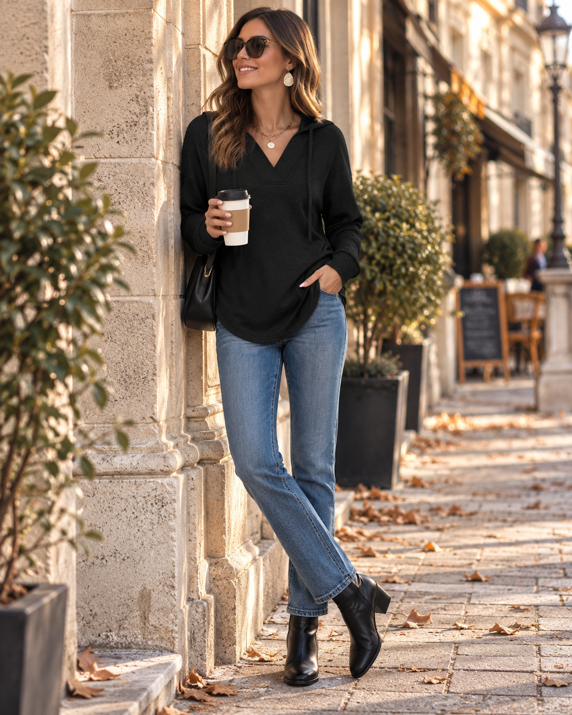 Bethany Women's V-Neck Hoodie – Long Sleeve High-Low Hem Relaxed Pullover