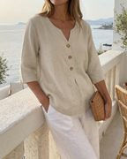 Marlowe Women's Cotton Linen V Neck Top – 3/4 Sleeve Boho Blouse